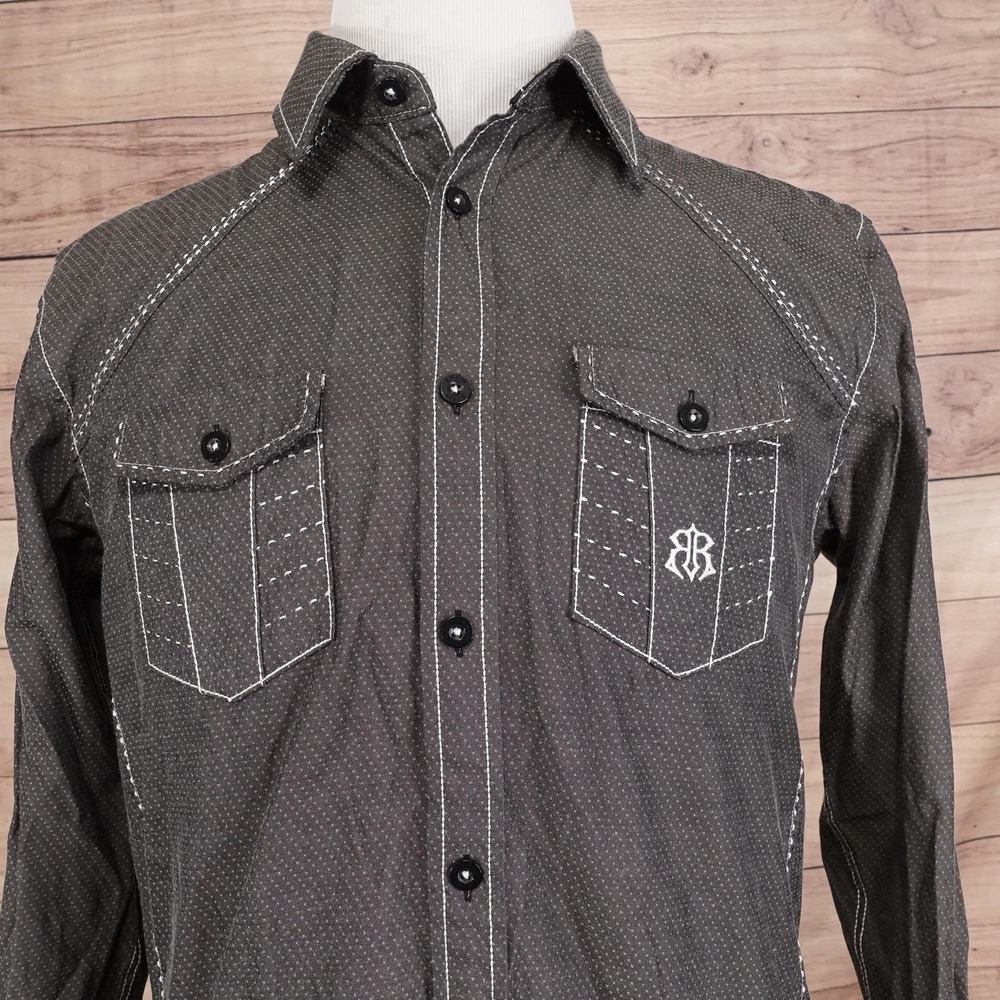 Roar Foundation Shirt Mens M Gray Polka Dot Long Sleeve Button-Up Western